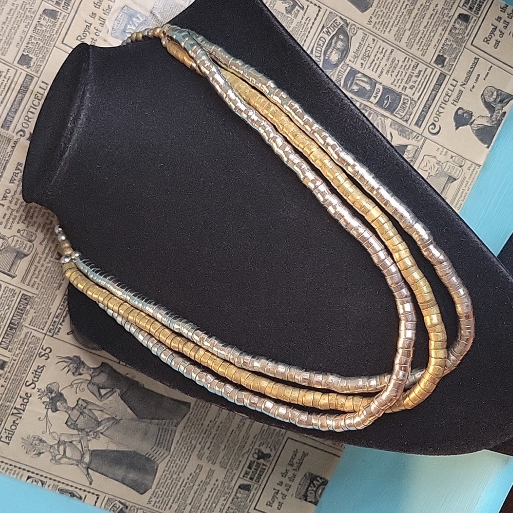 Vintage Triple Strand Metal Cap Beads 10" Necklace